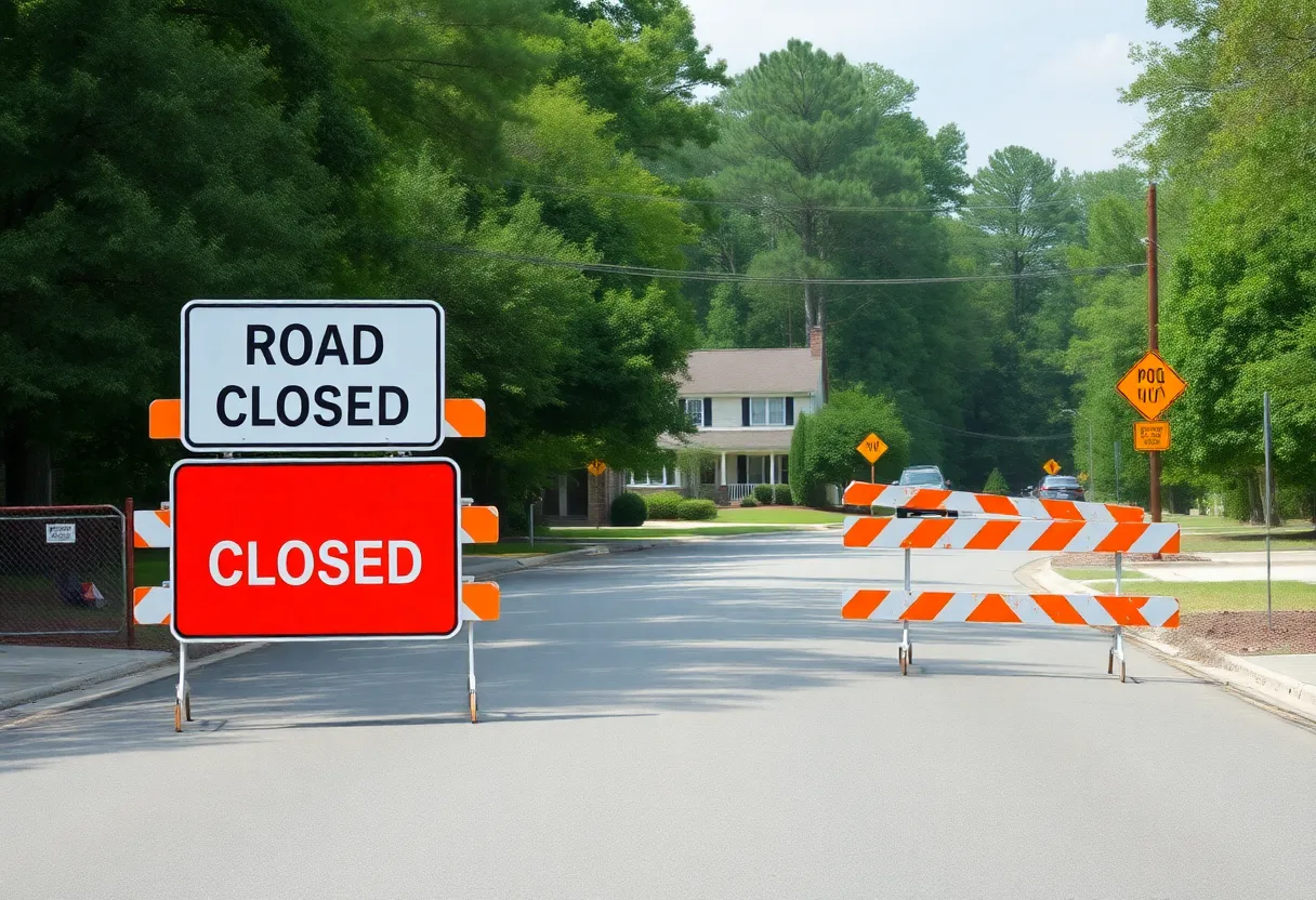 Road closure signs at Beaver Dam Road construction site in Irmo, SC.