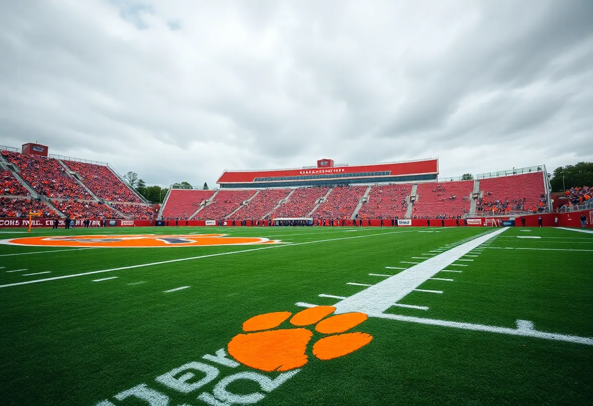 Clemson football players on the field showing team spirit