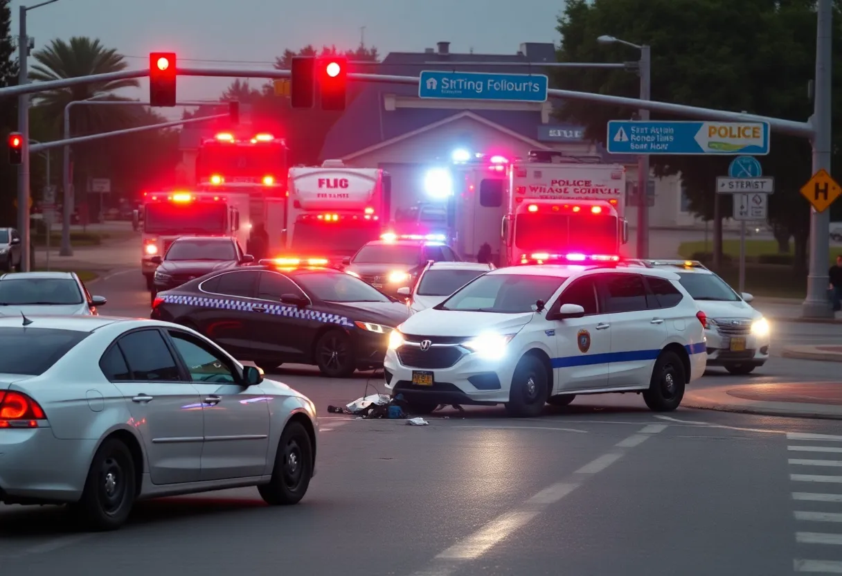 Police chase crash scene with emergency vehicles near an intersection in Lexington County.