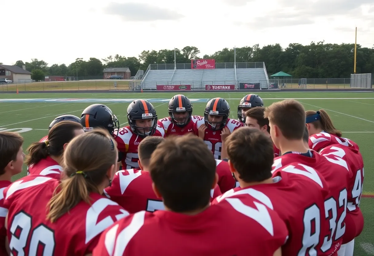 Columbia High School football team huddled on the field