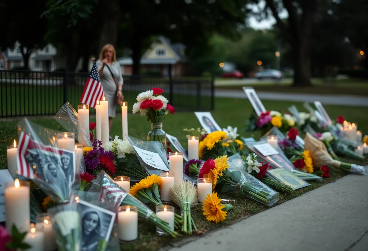 Vigil set up in a park for a shooting victim, with candles and flowers.