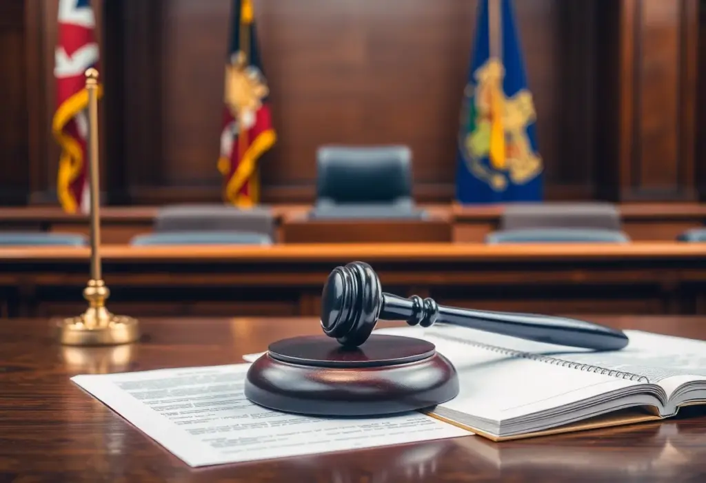 Courtroom with legal documents and a gavel