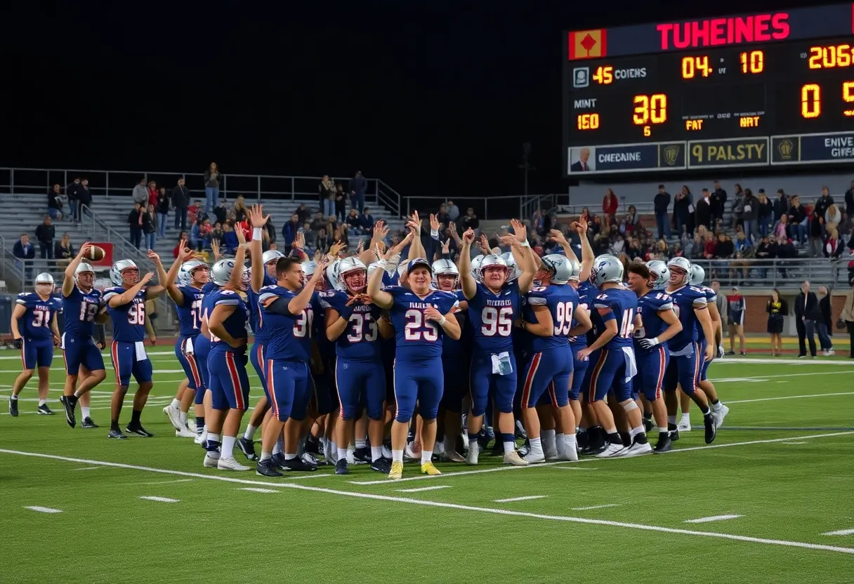 Dutch Fork High School football team celebrating a victory with fans cheering.