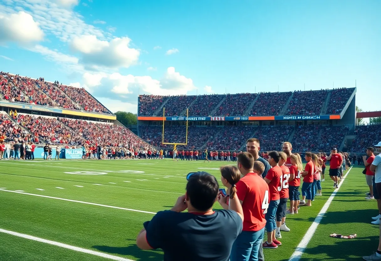 Football field during a college game showcasing recruitment activities