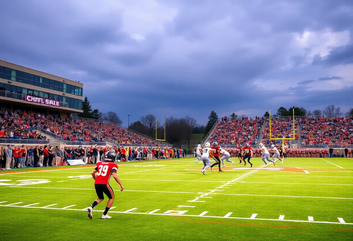 High school football teams competing on the field with cheering crowd