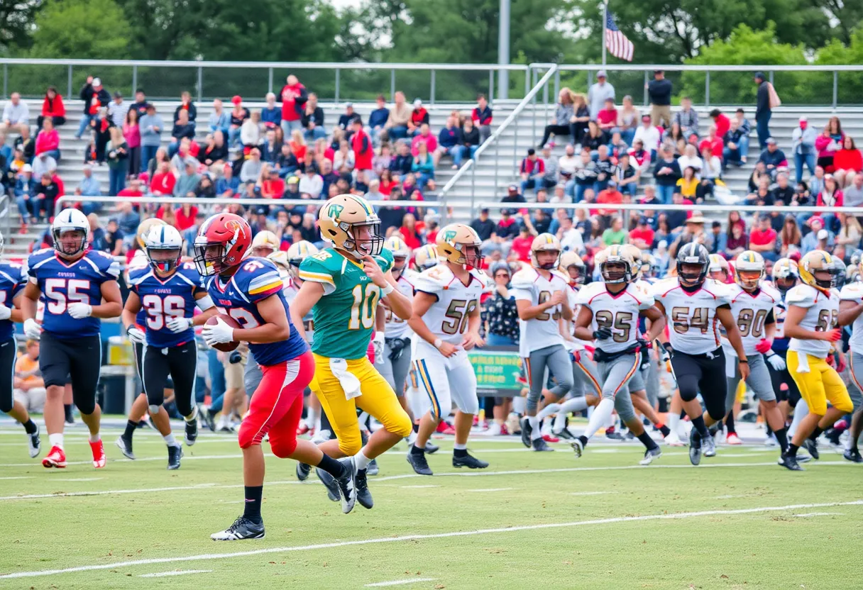 High school football players competing on the field