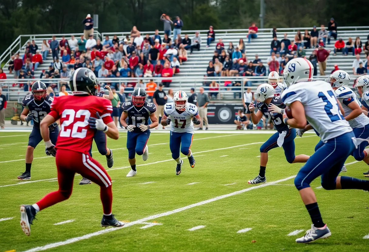 Players from a high school football team in action on the field.