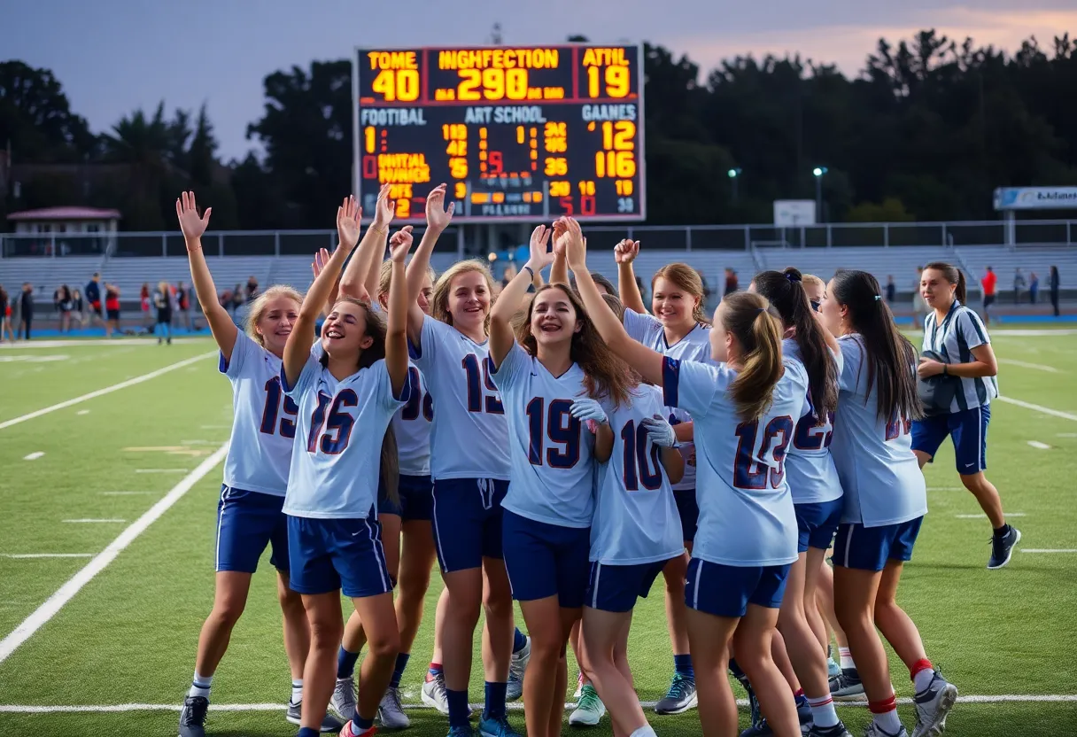 High school football team celebrating a victory on the field
