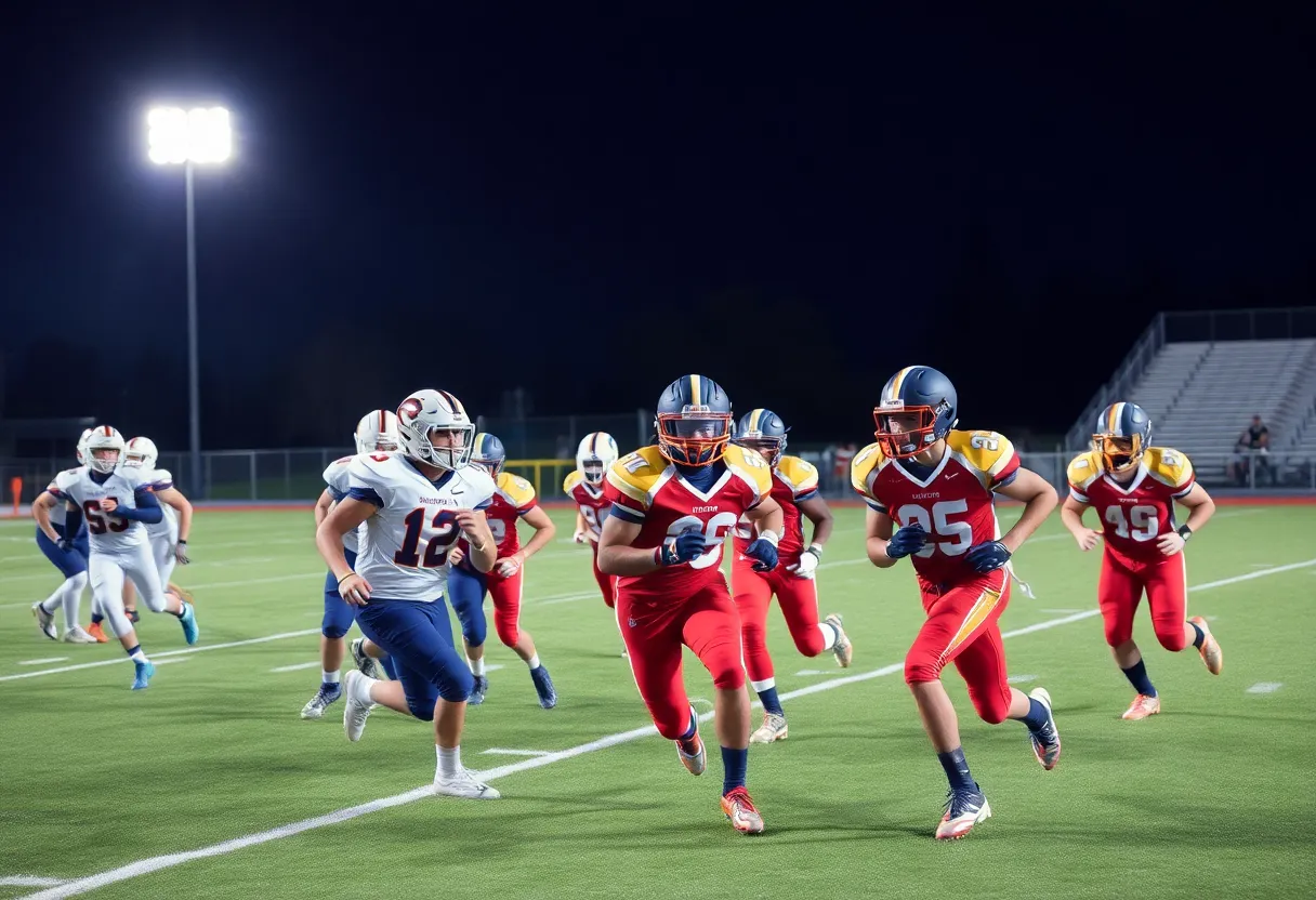 High school football players competing on the field under stadium lights.
