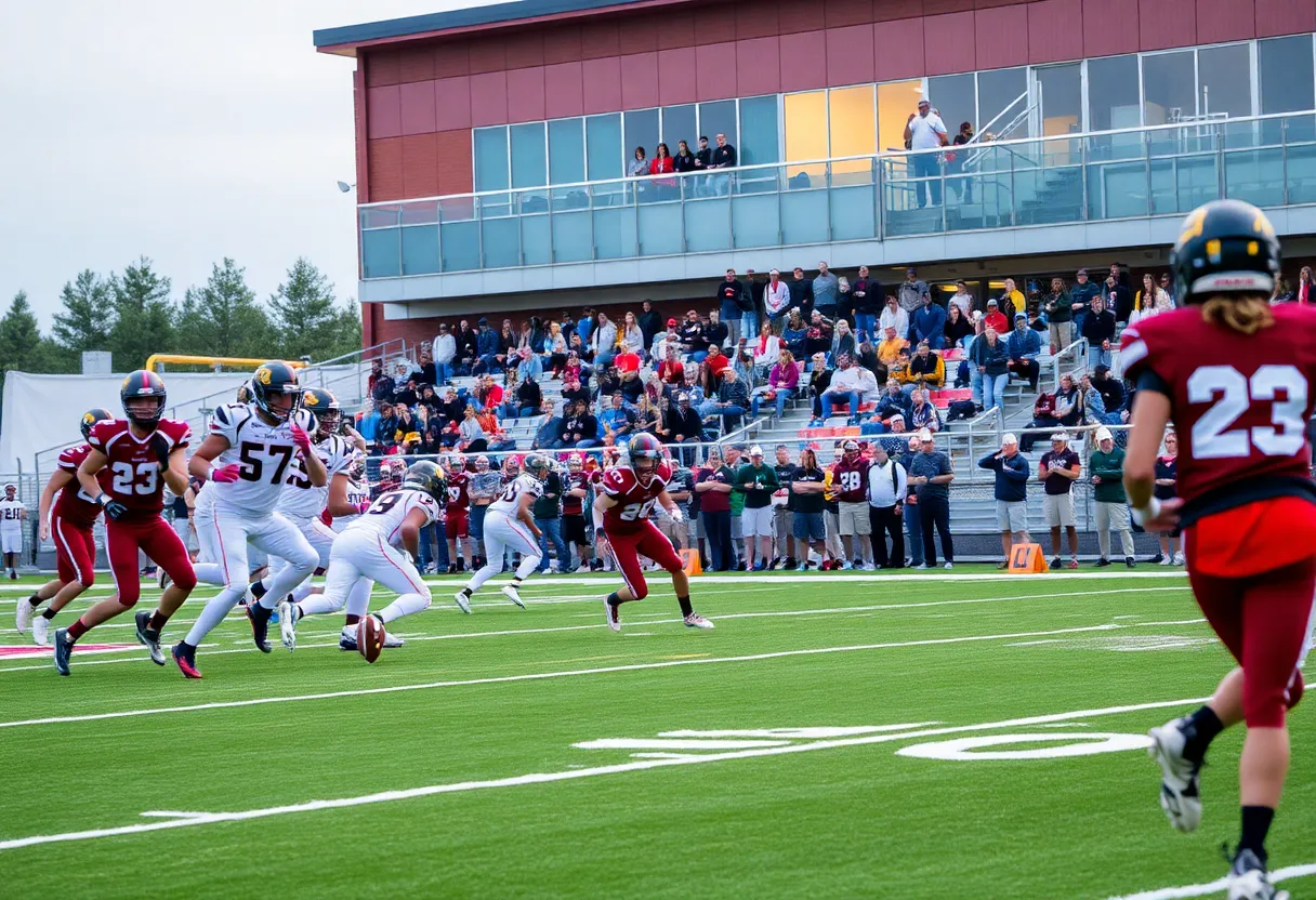 High school football players in action during a game with fans cheering.