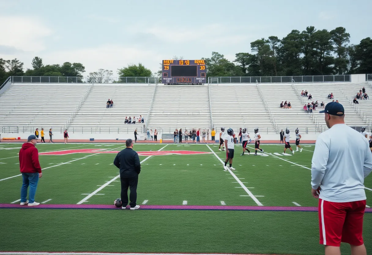 Empty high school football stands with scoreboard showing low score