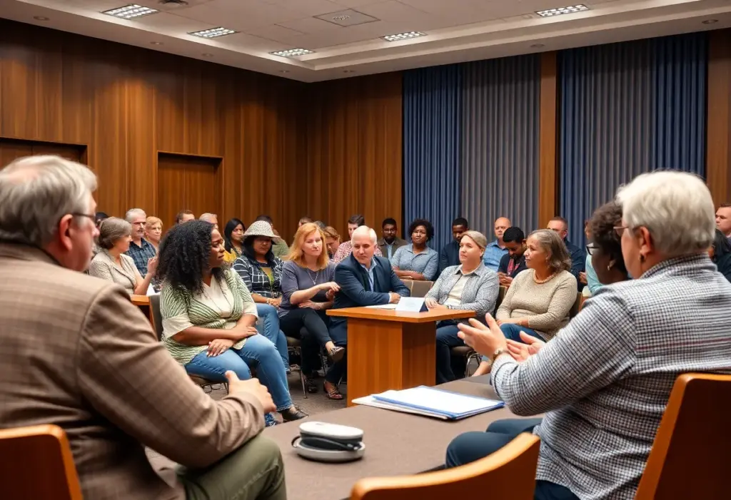 Community members discussing the new hate intimidation ordinance at a town hall meeting in Irmo.
