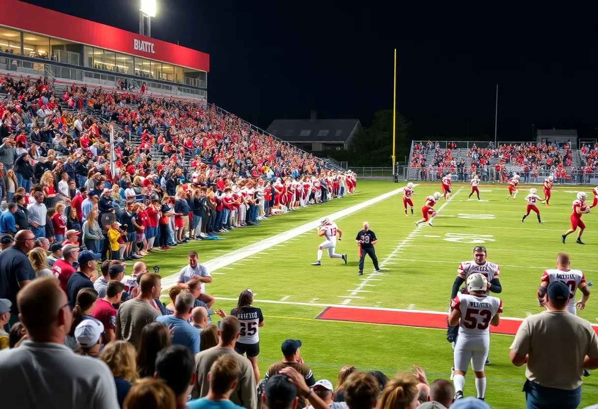 Irmo High School football game with players in action and cheering fans