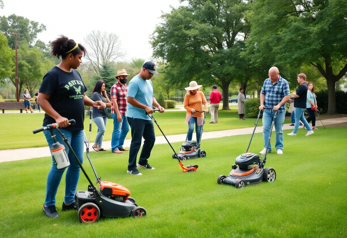 Residents using electric lawn care equipment in Irmo