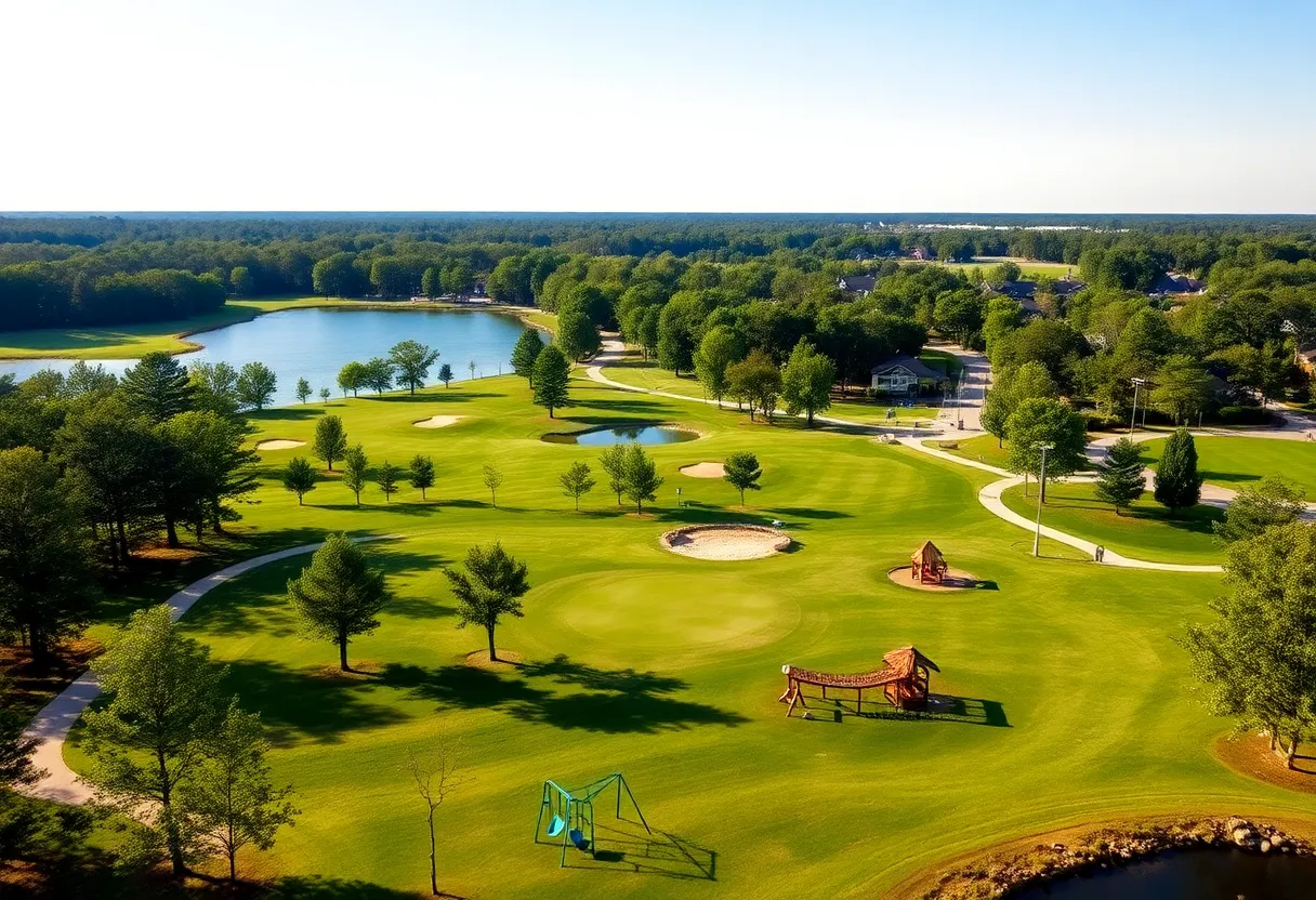 A picturesque view of an Irmo SC golf community with green lawns, golf course, and family-friendly amenities.