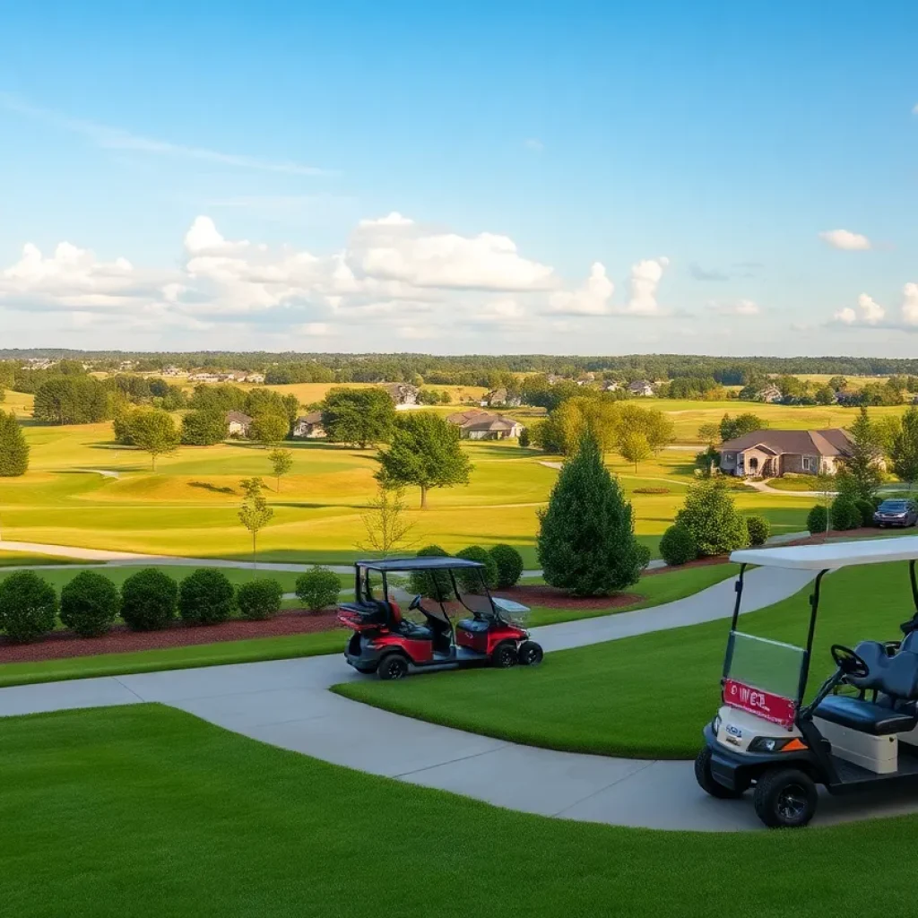 Golf carts in a picturesque Irmo SC golf neighborhood with lush greens.