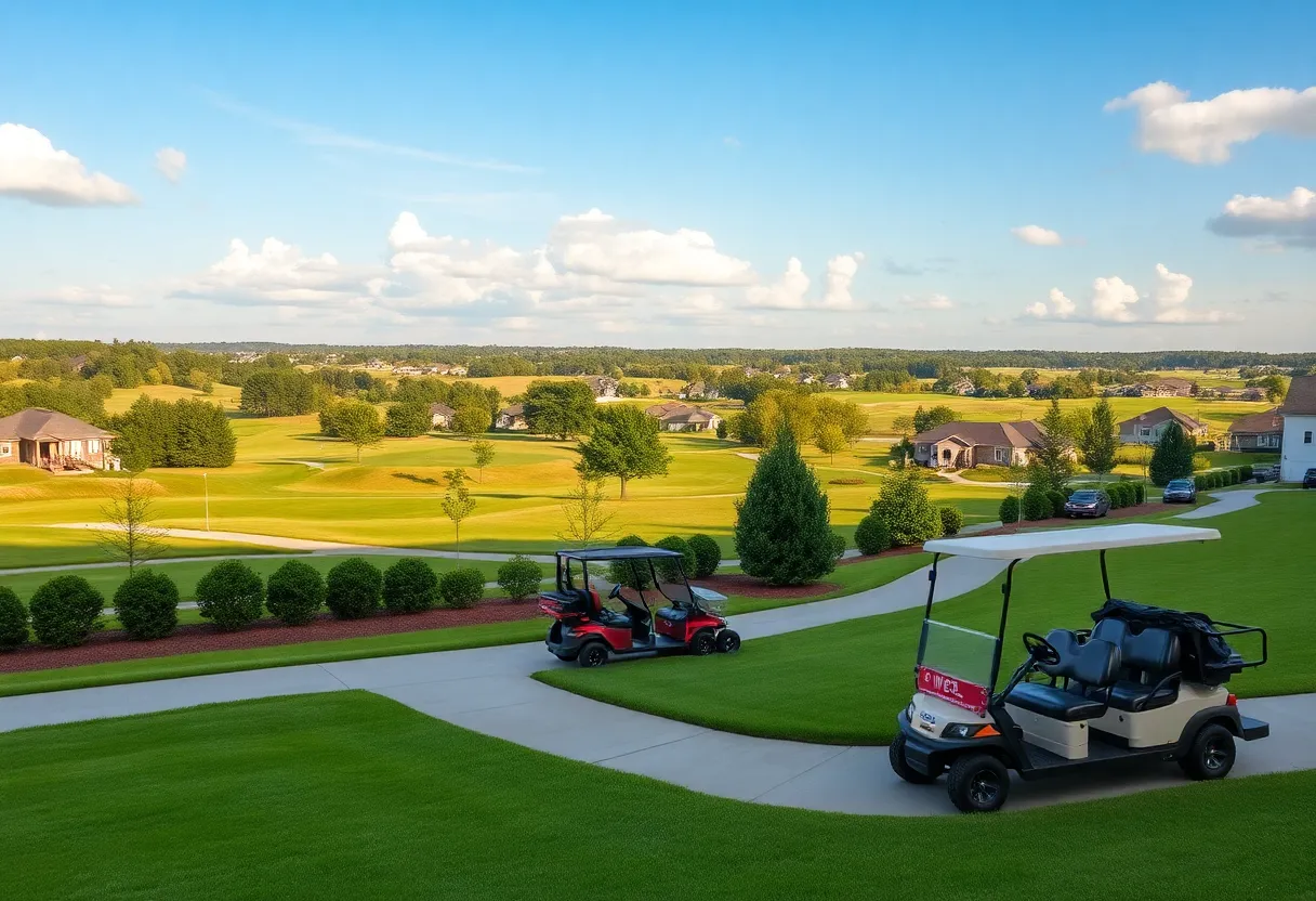 Golf carts in a picturesque Irmo SC golf neighborhood with lush greens.