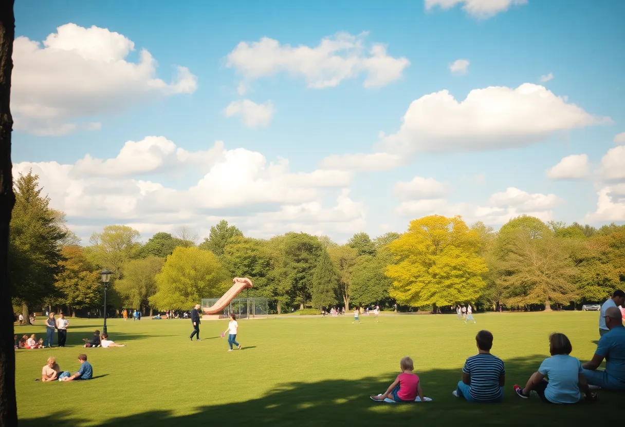 Families enjoying a warm day in a park in Irmo, SC, under partly cloudy skies.