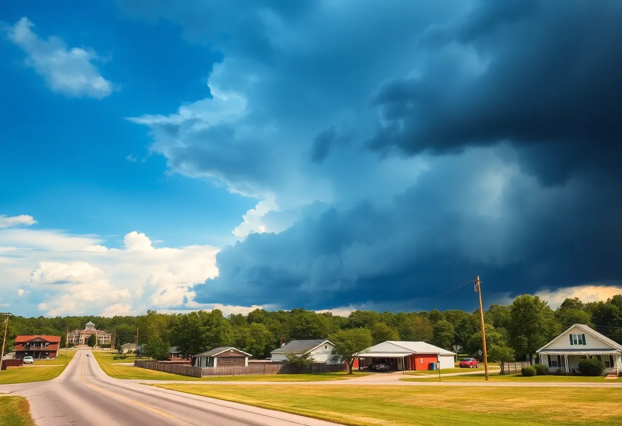 Irmo, SC weather featuring sun and thunderstorm clouds.
