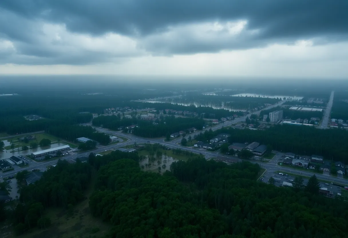 Aerial view of Irmo, SC showing flooding and storm damage.