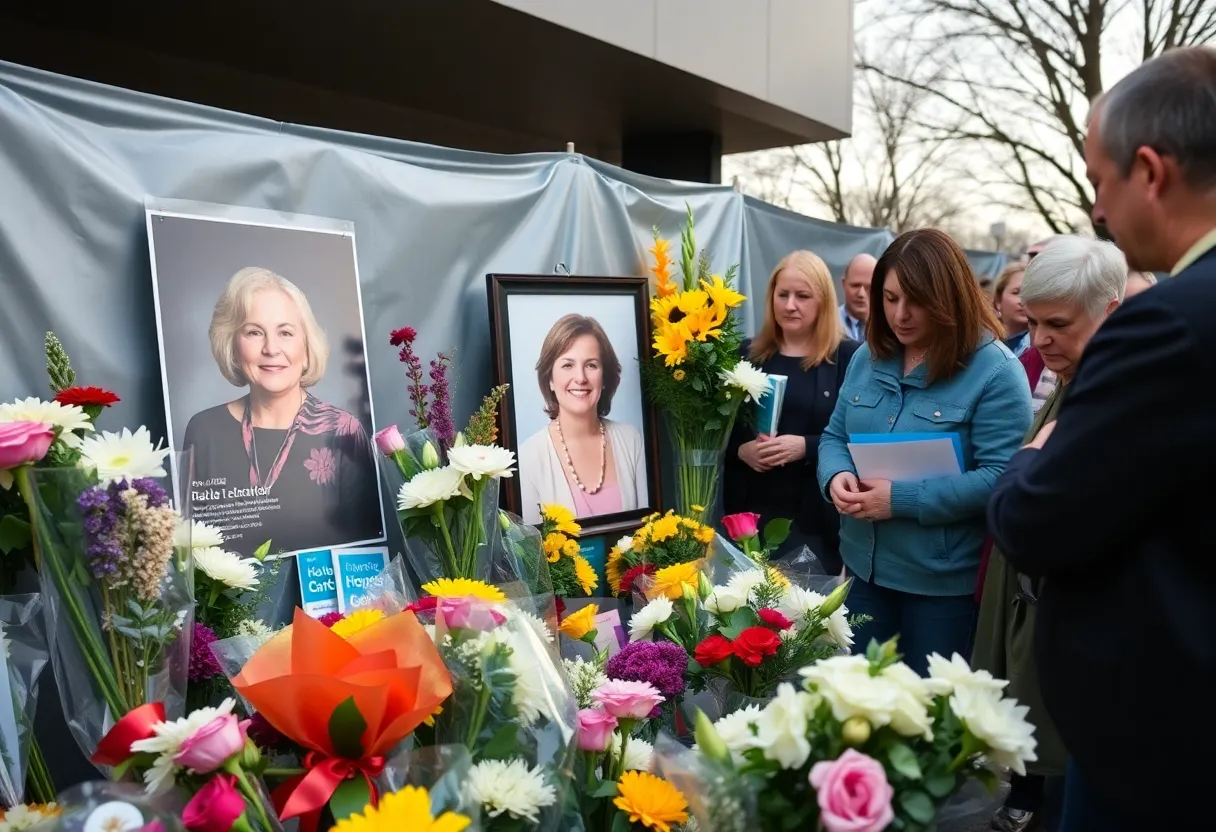 Community memorial for beloved educator Linda McCorkle with flowers and candles.