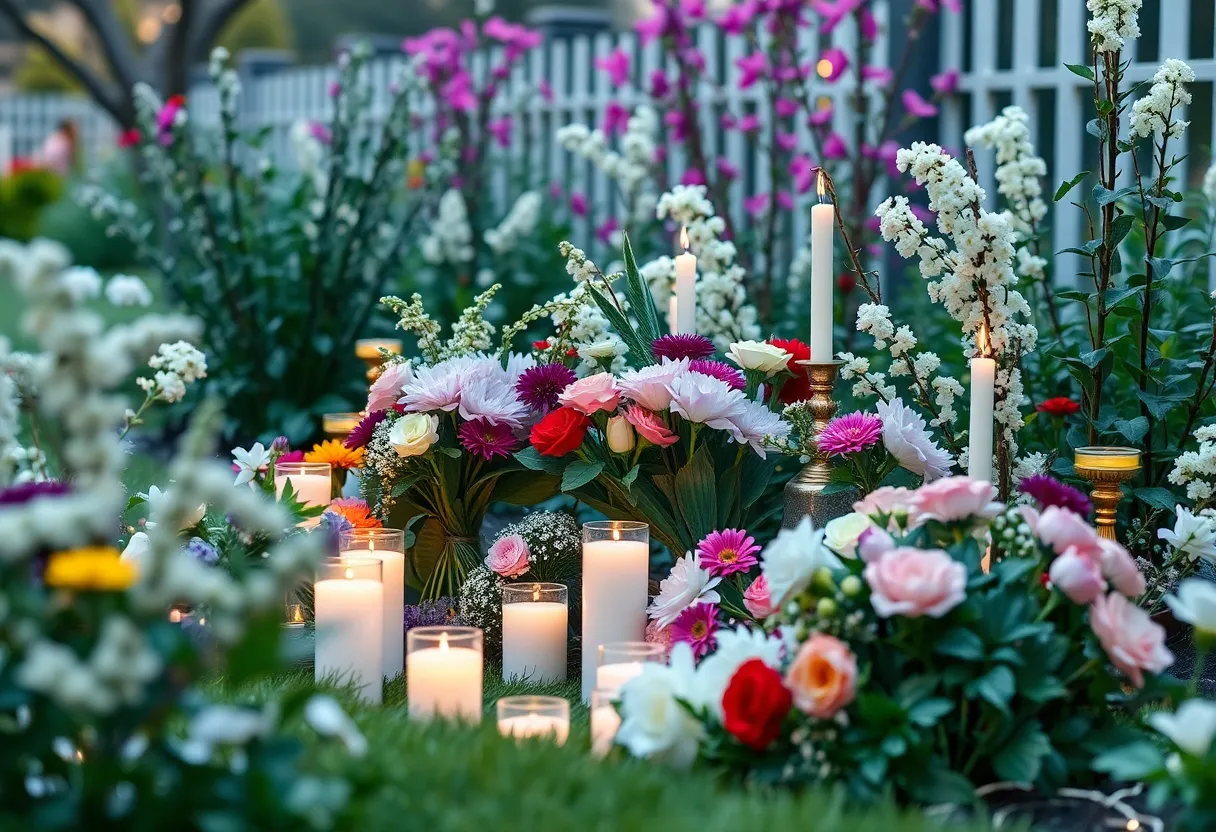 A tranquil memorial with candles and flowers