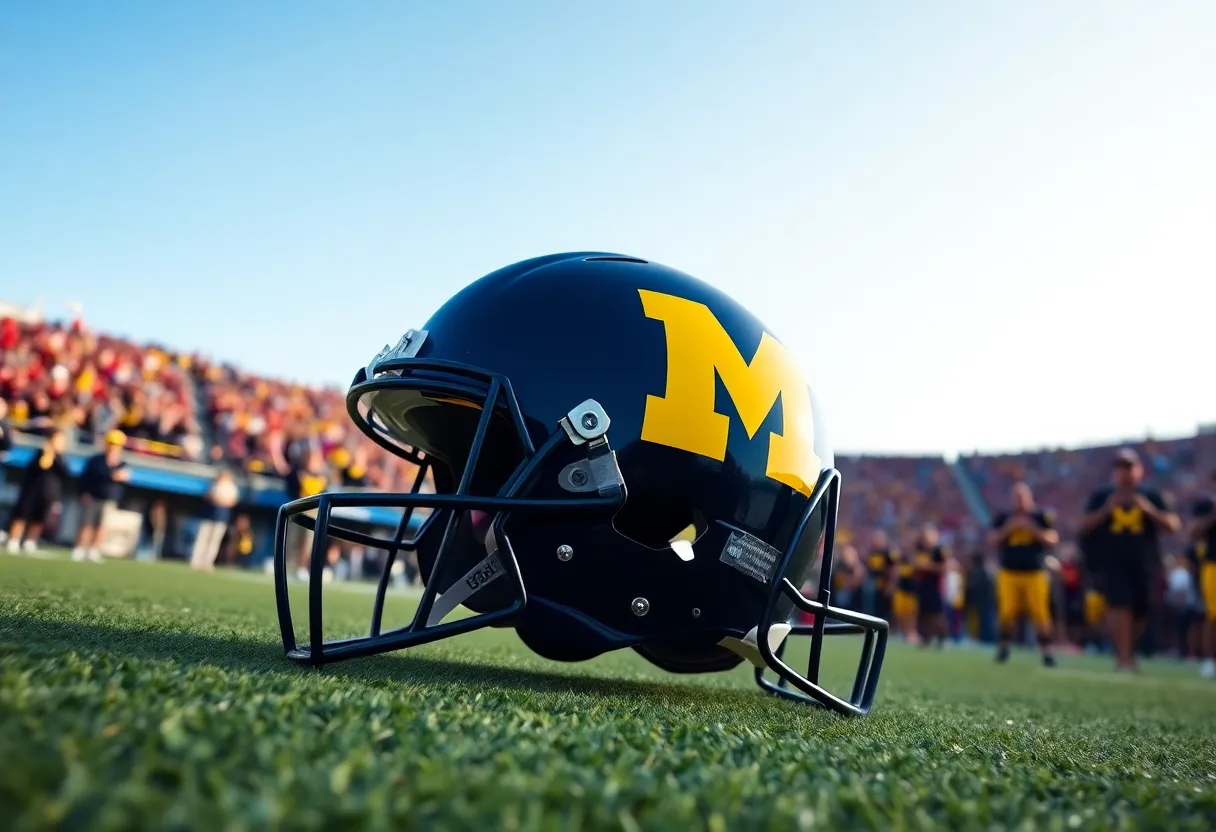 Michigan Wolverines football helmet on a field.