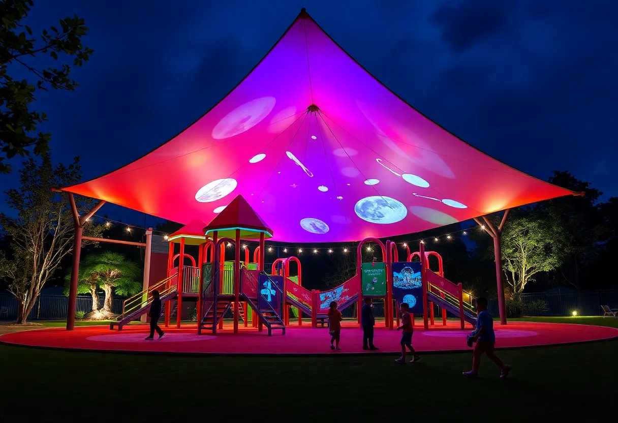 Moore Park playground with new shade structure and kids playing
