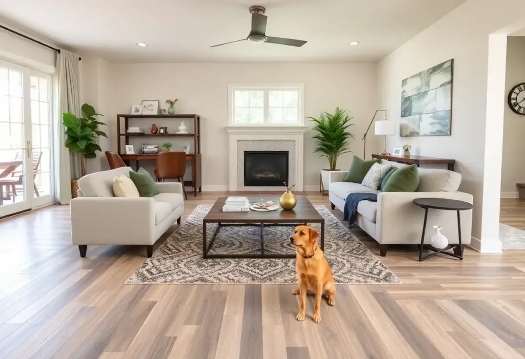 Various pet-friendly flooring options displayed in a living room