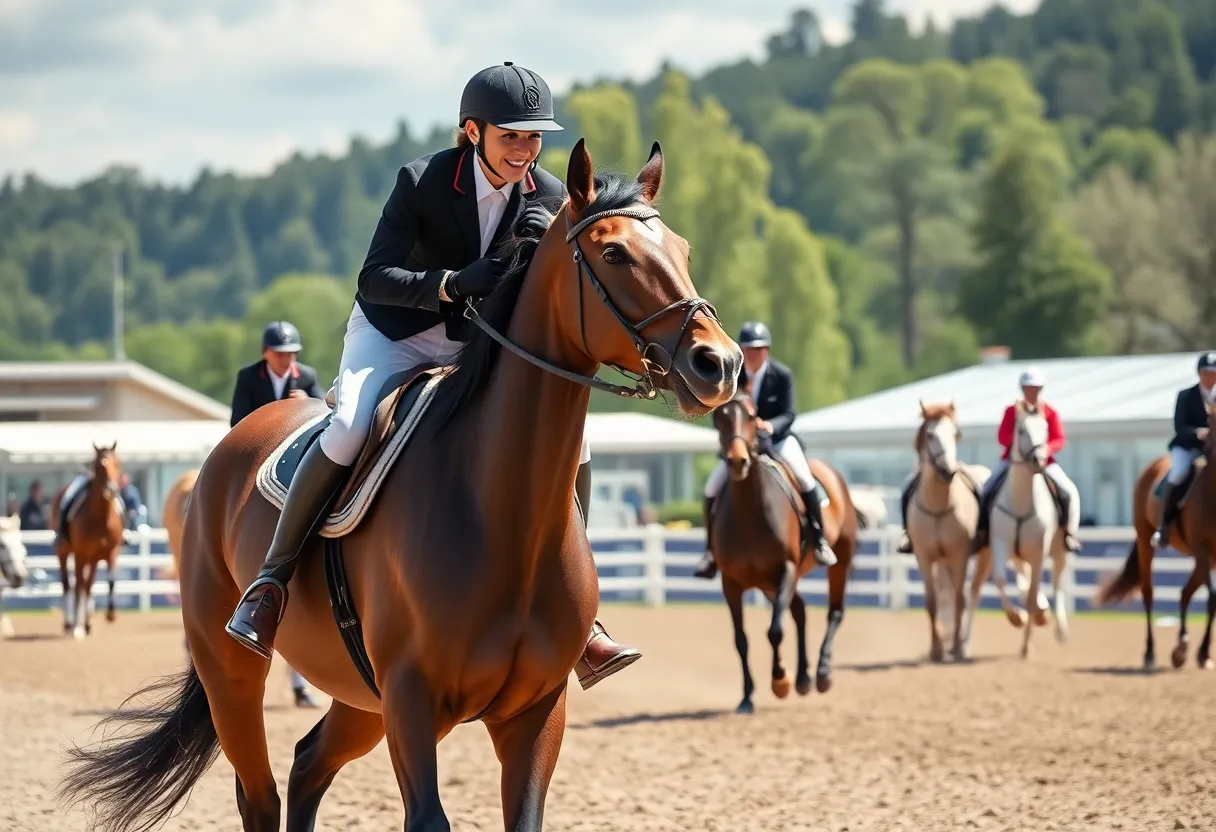 Action shot of a competitive equestrian match featuring riders and horses.