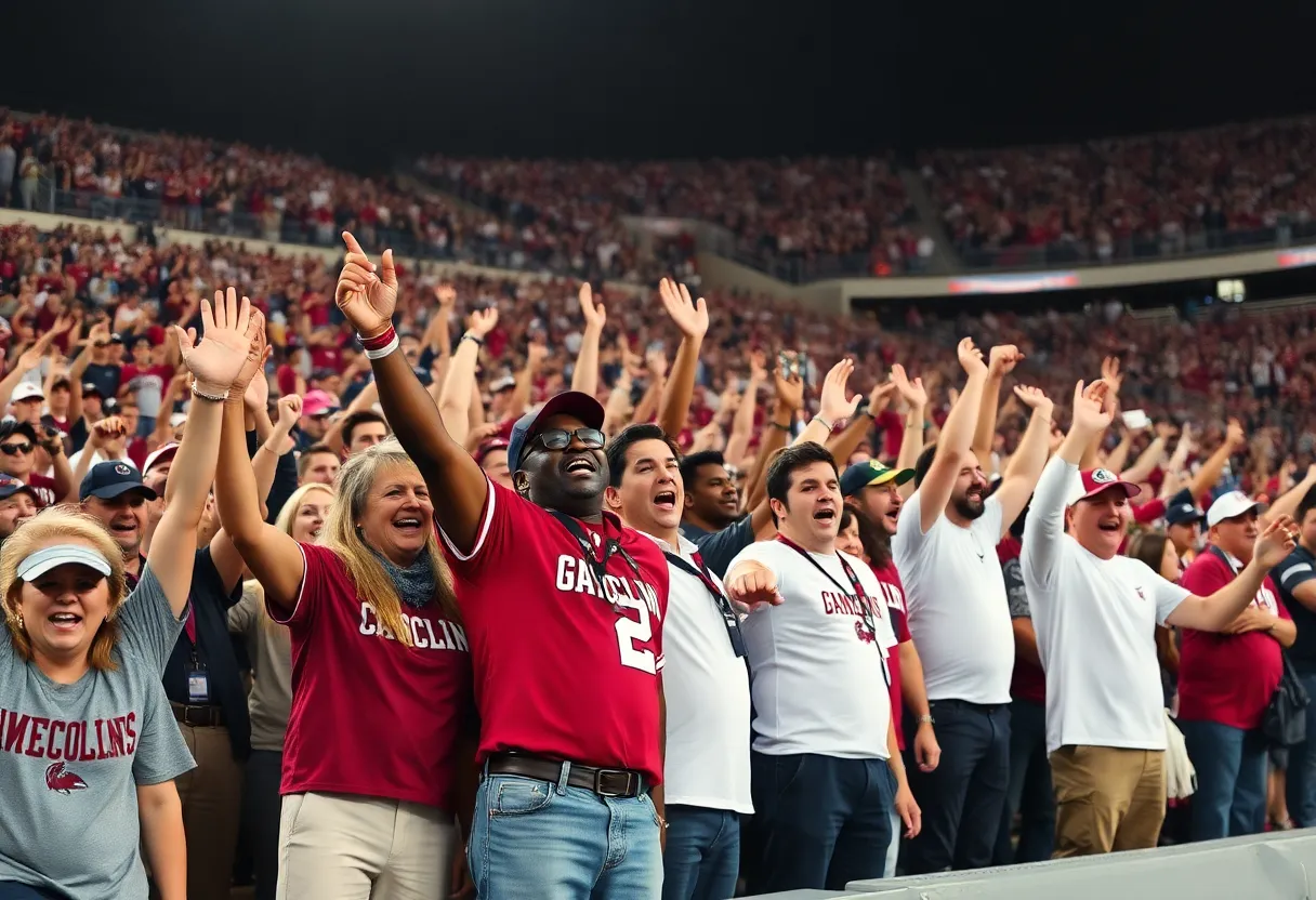 Fans cheering for the South Carolina Gamecocks in a stadium.