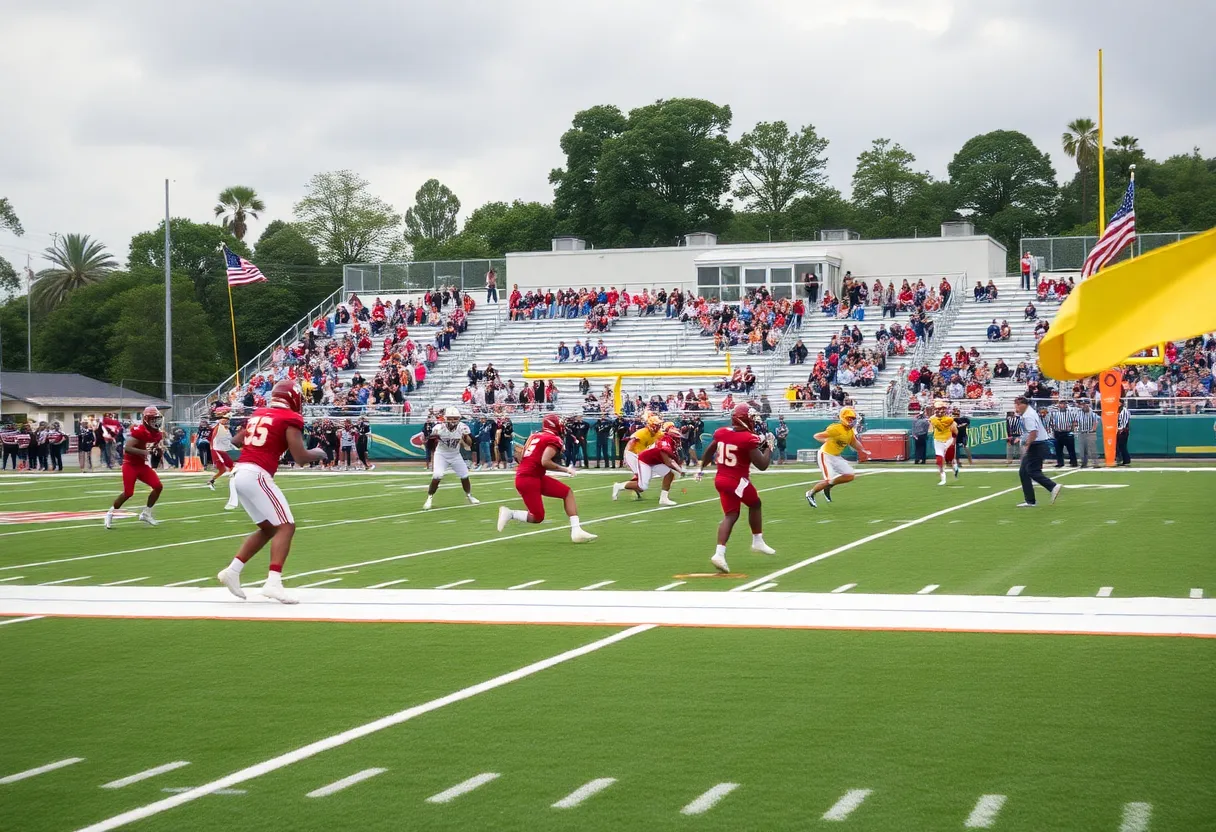 Action during a South Carolina high school football game with enthusiastic fans