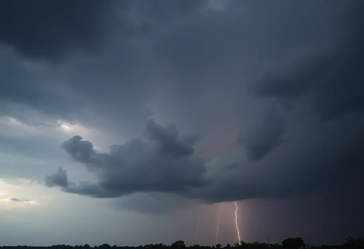 Dark storm clouds over Columbia, SC with lightning in the background