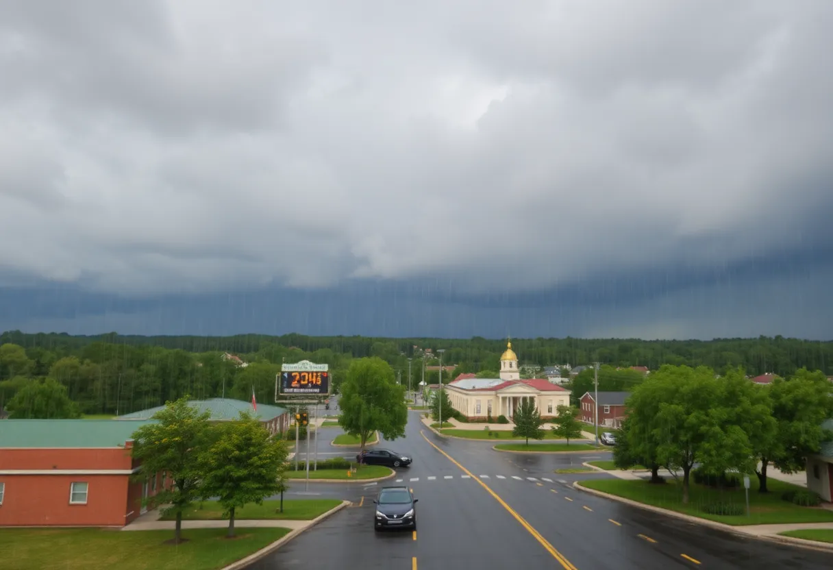 Scenic view of Irmo, SC during a thunderstorm with overcast skies.