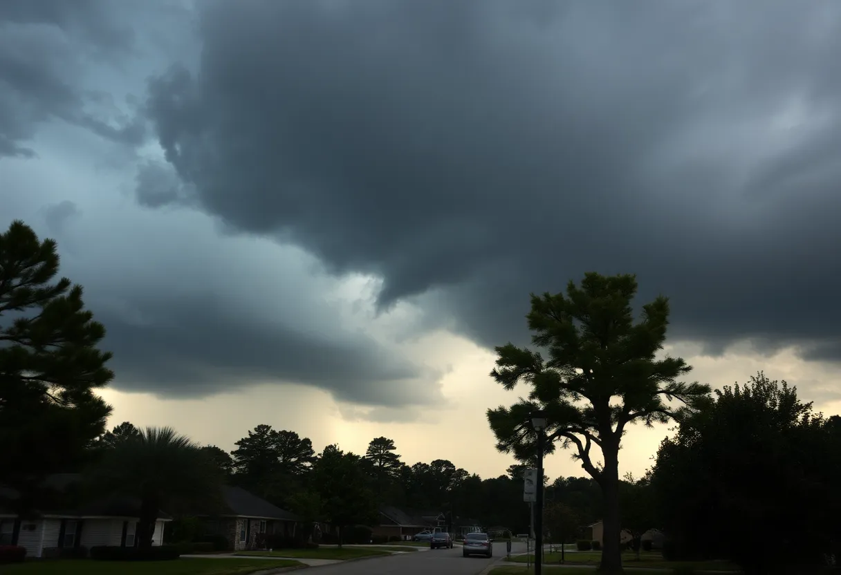 Storm clouds and rain approaching suburban Irmo, South Carolina.
