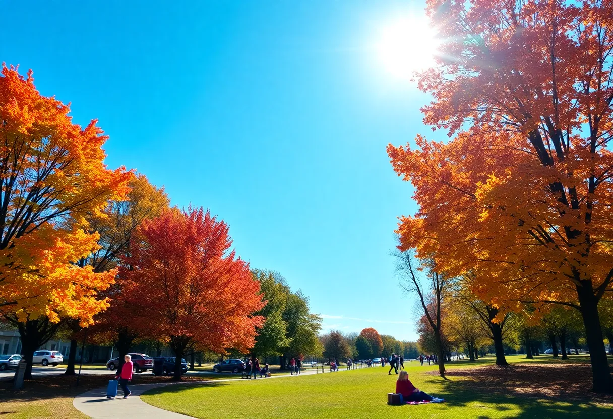 A sunny day in Irmo, SC with fall colors and people enjoying the outdoors.