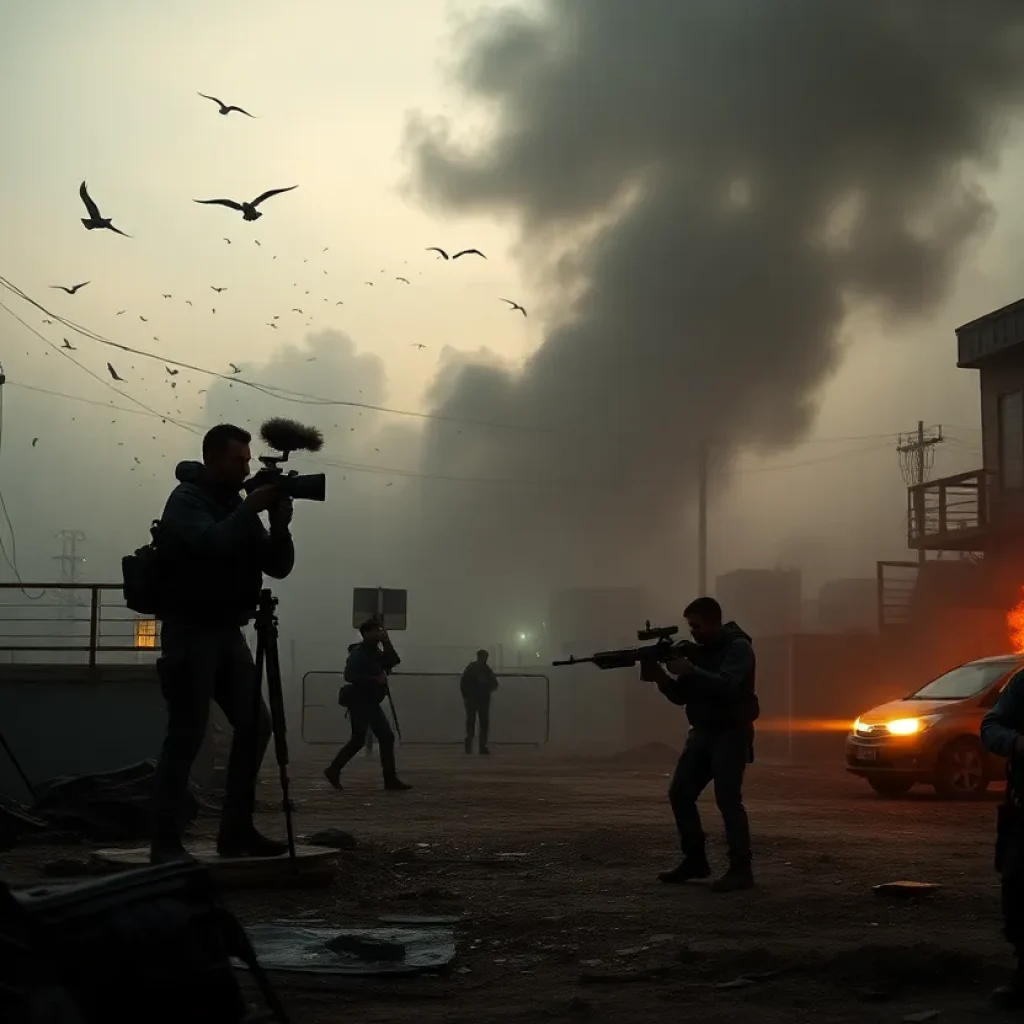 A symbolic representation of media integrity and oversight failures in a warzone context.