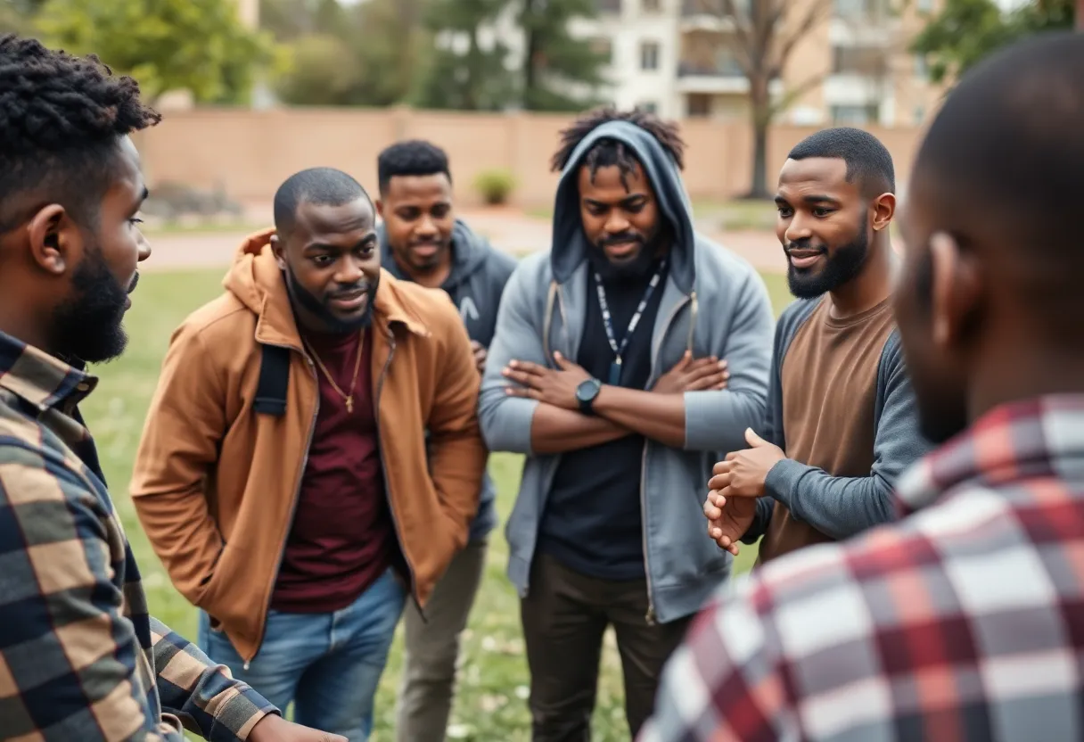 Men mentoring young boys outdoors