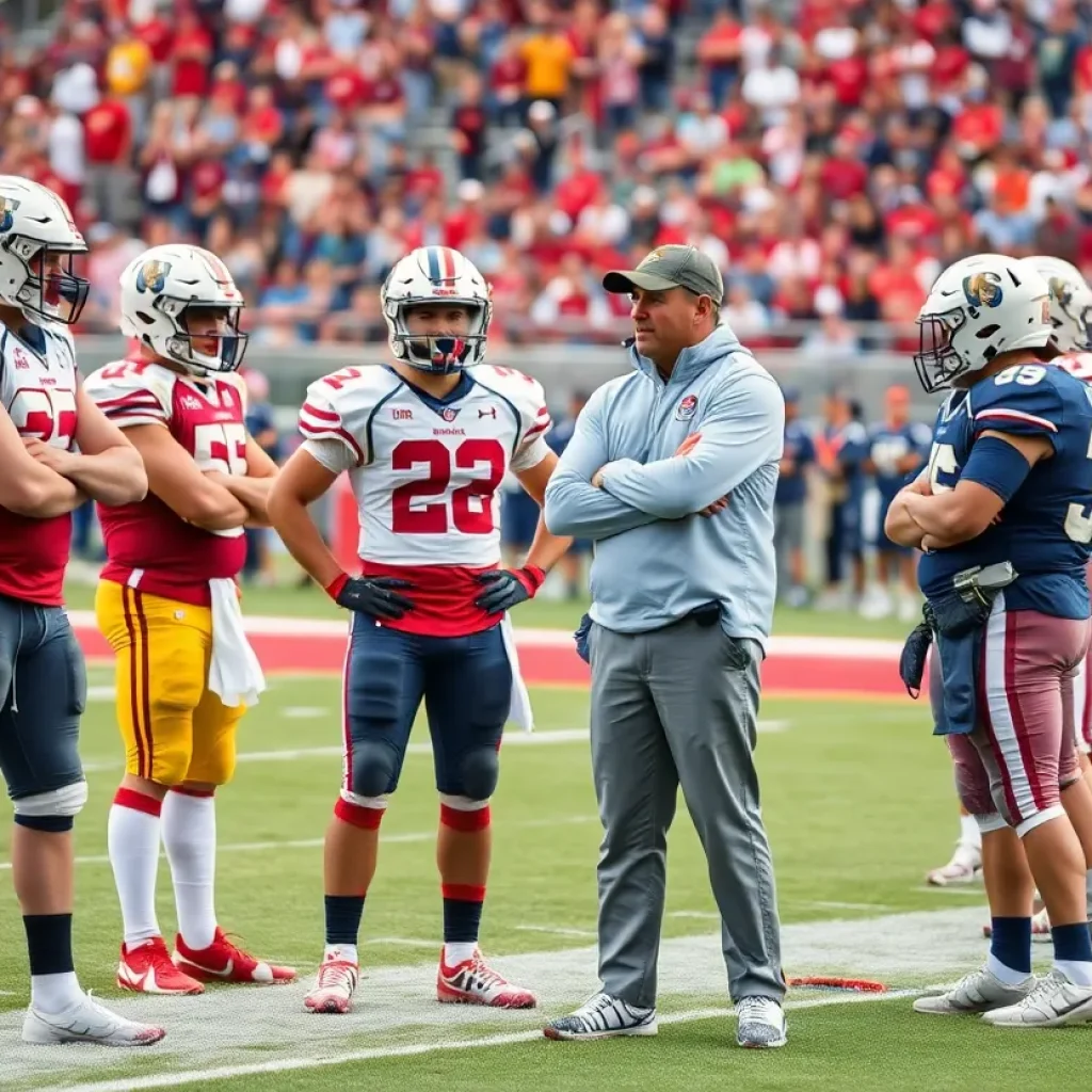 Football coach strategizing with players on the field.