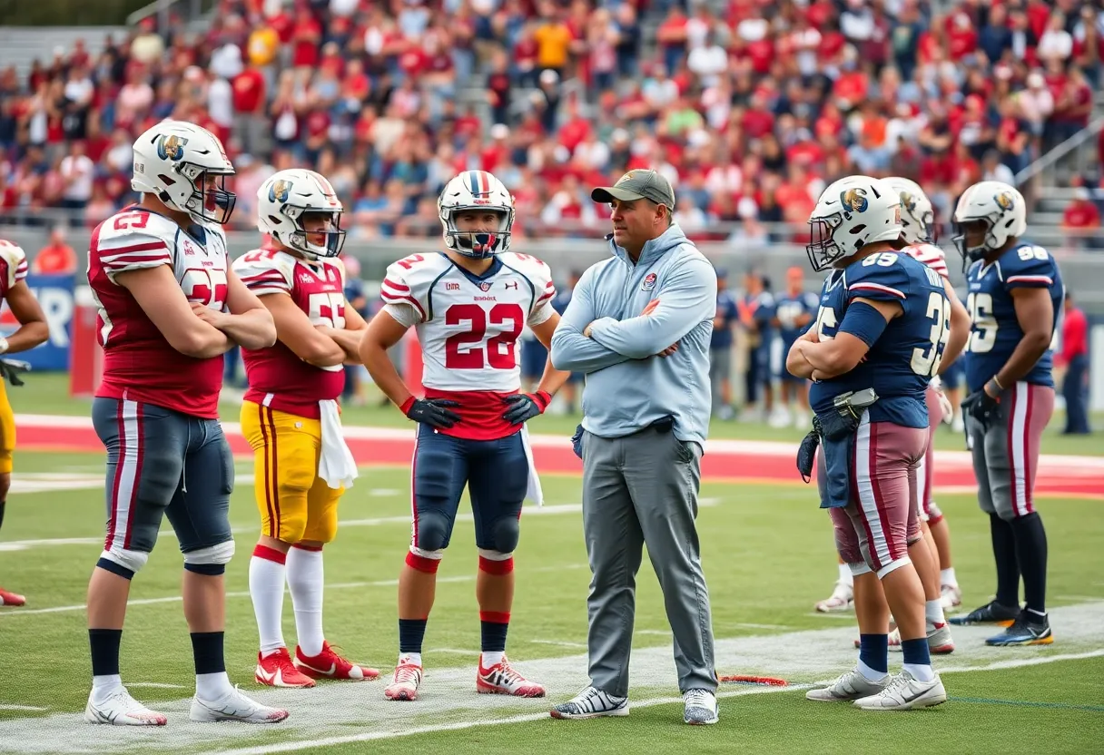 Football coach strategizing with players on the field.