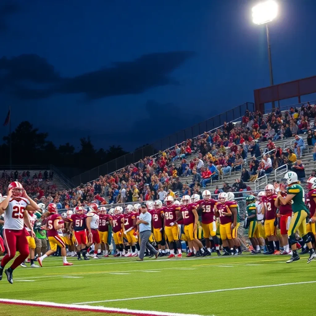 High school football players in action during a game in Columbia