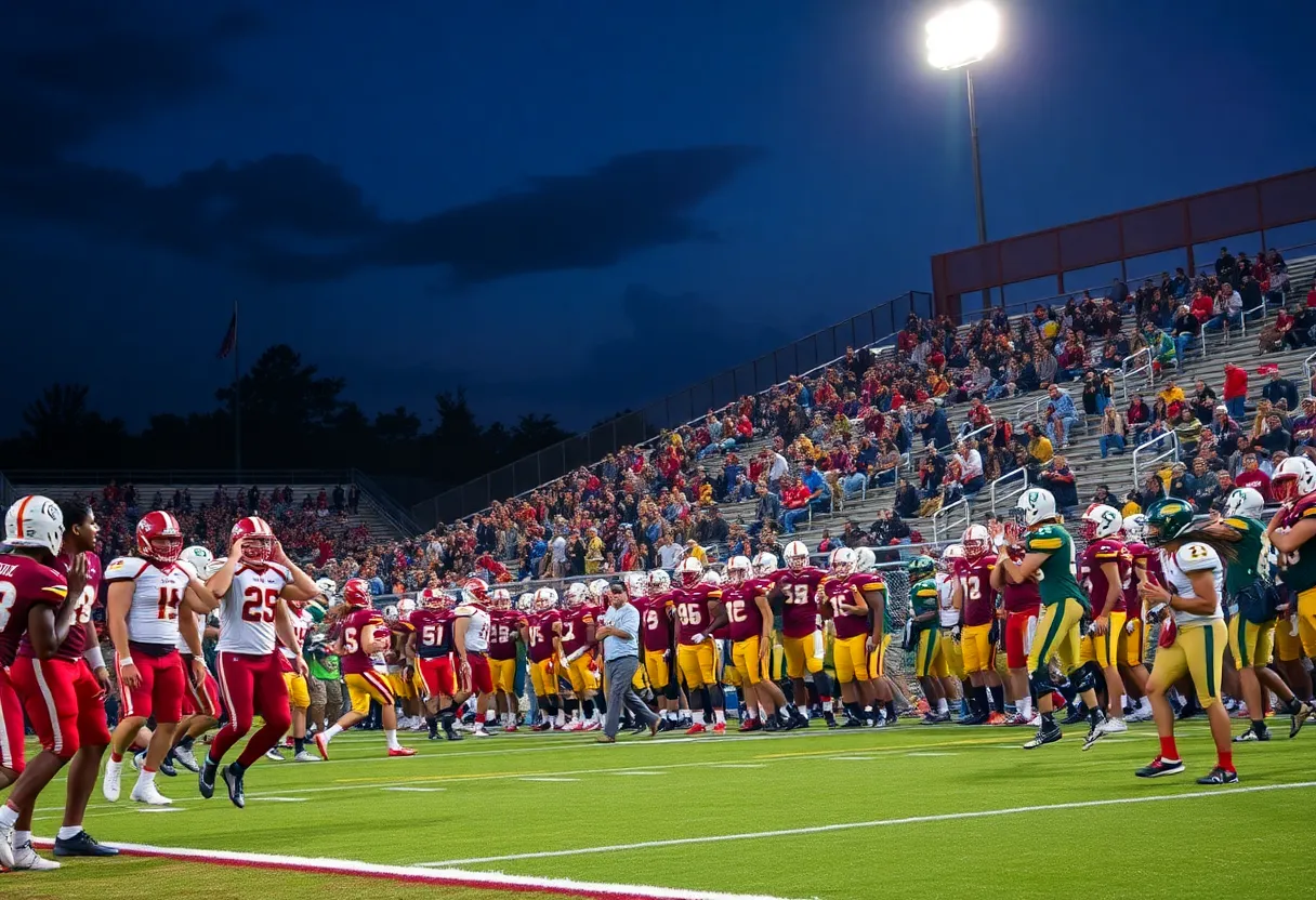 High school football players in action during a game in Columbia