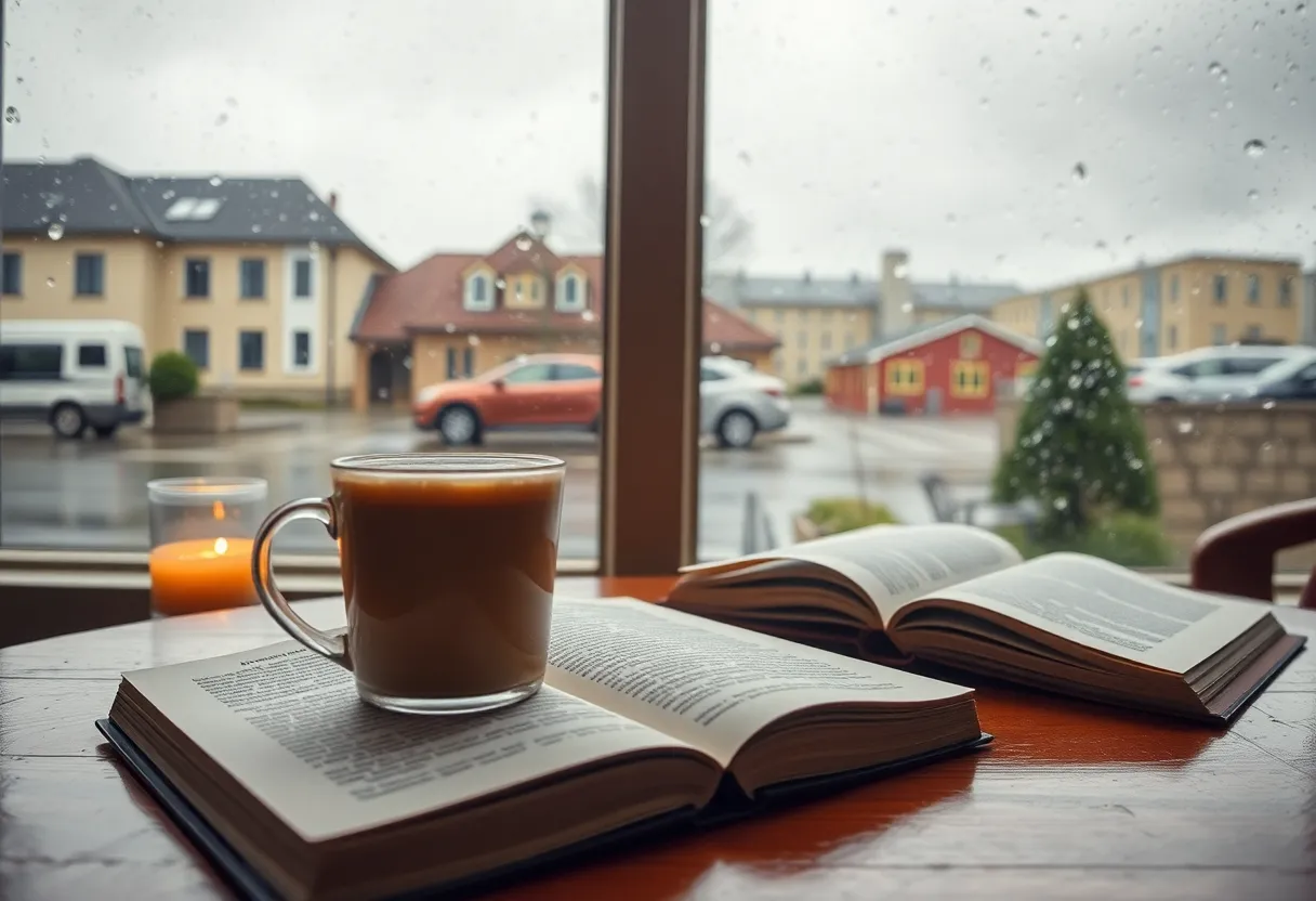 Indoor scene with warm beverage and book during rainy weather