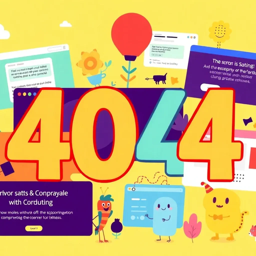 An artistic representation of vibrant and engaging 404 error pages from various companies, highlighting user interaction.