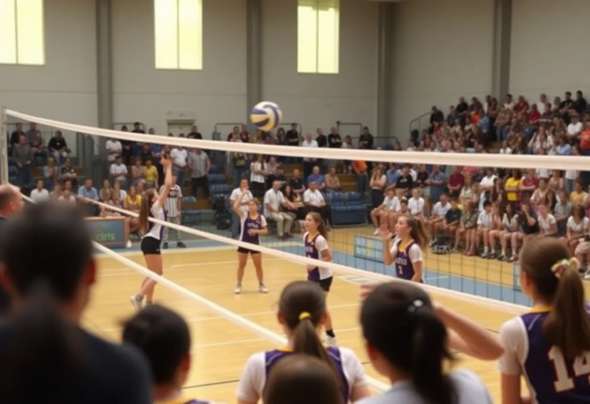 Action shot of Dutch Fork and Irmo volleyball teams competing on the court.