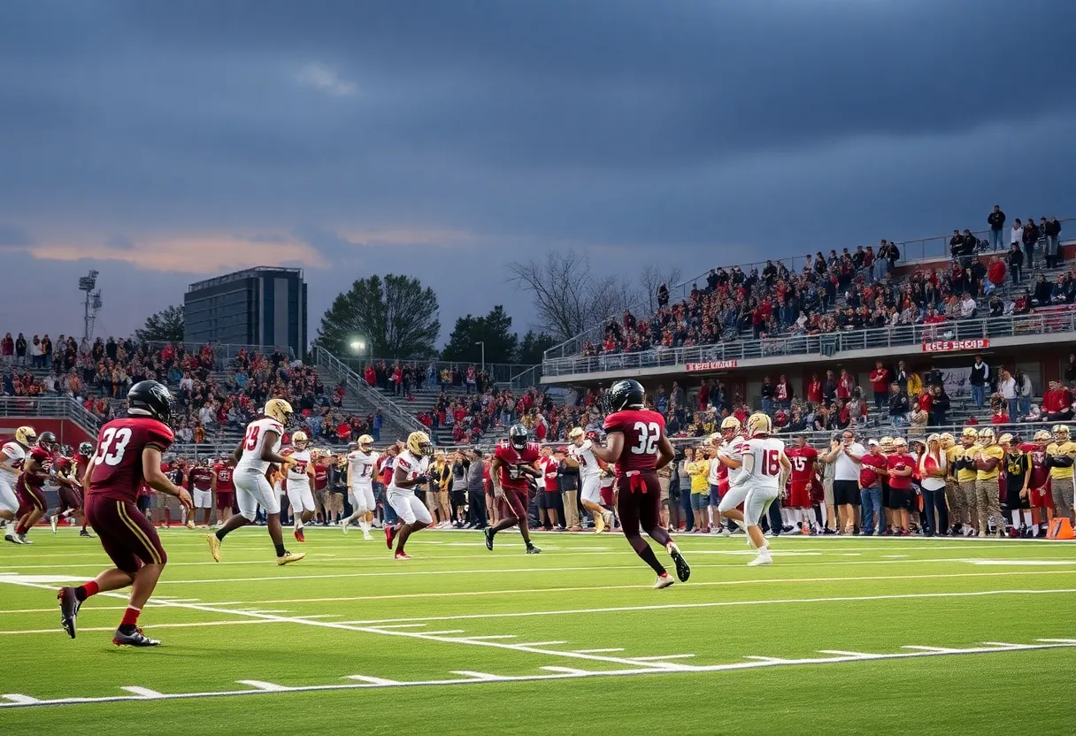 High school football players from Dutch Fork and Chapin competing on the field.