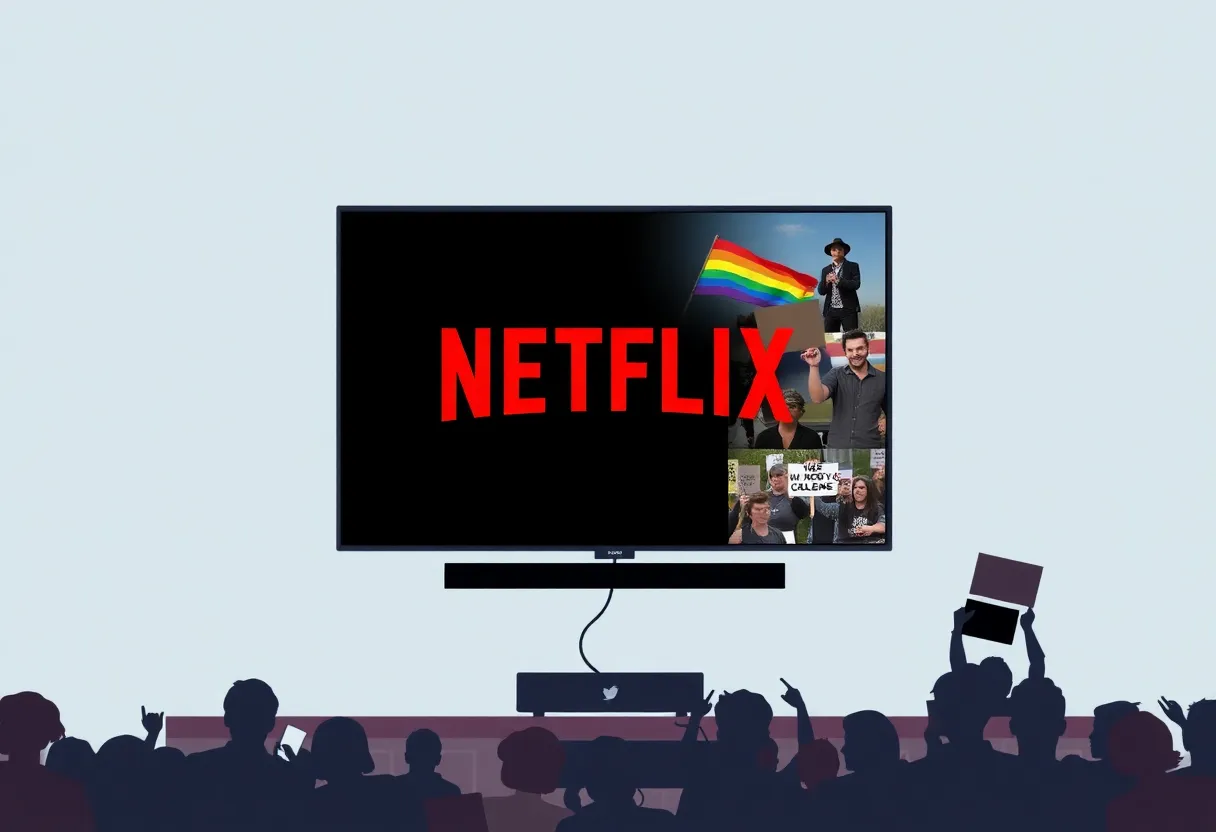 Conceptual image of a Netflix screen showing LGBTQ+ themes amidst protest signs.