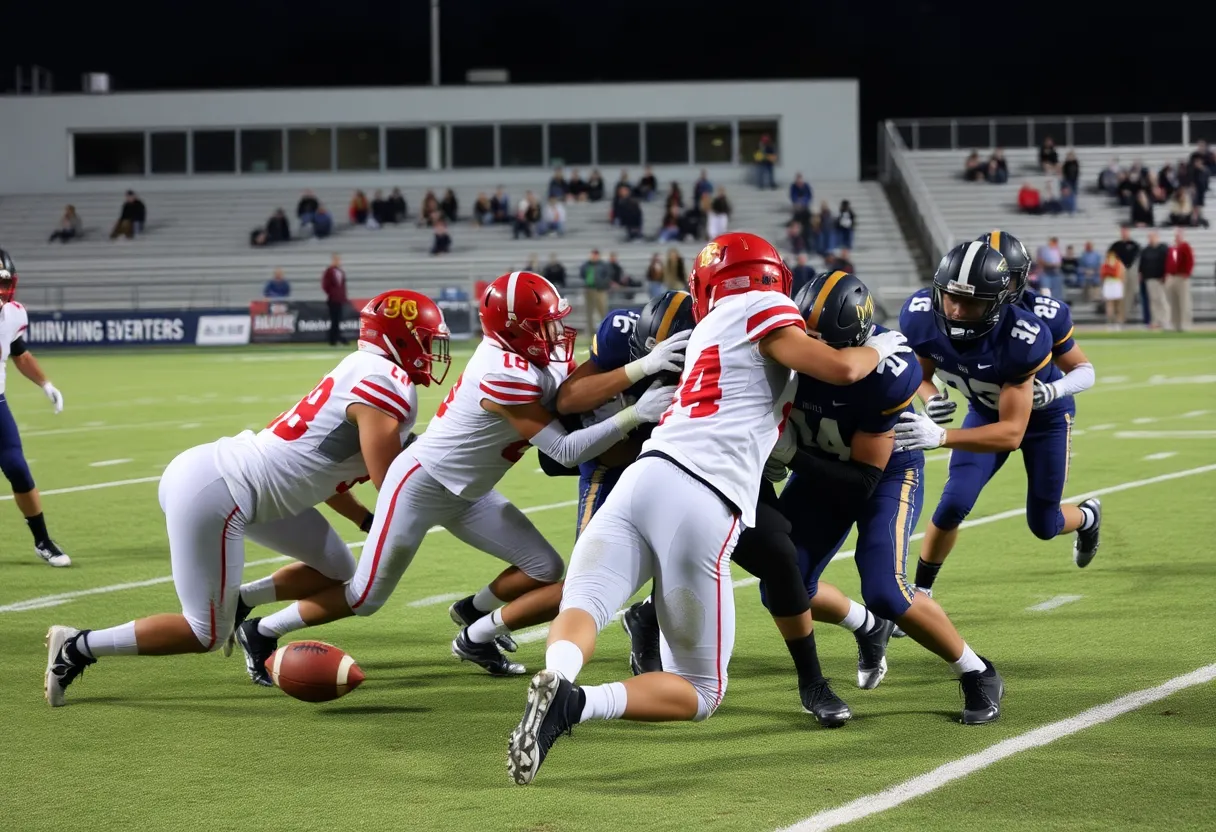 Players in a high school football game tackling on the field