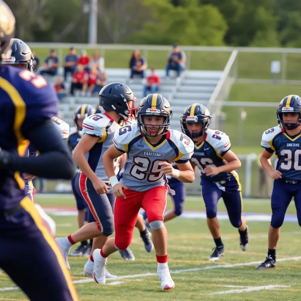 High school football players in action on the field during a game.