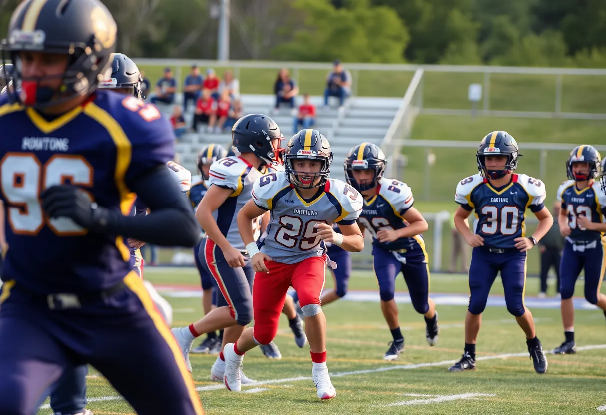 High school football players in action on the field during a game.